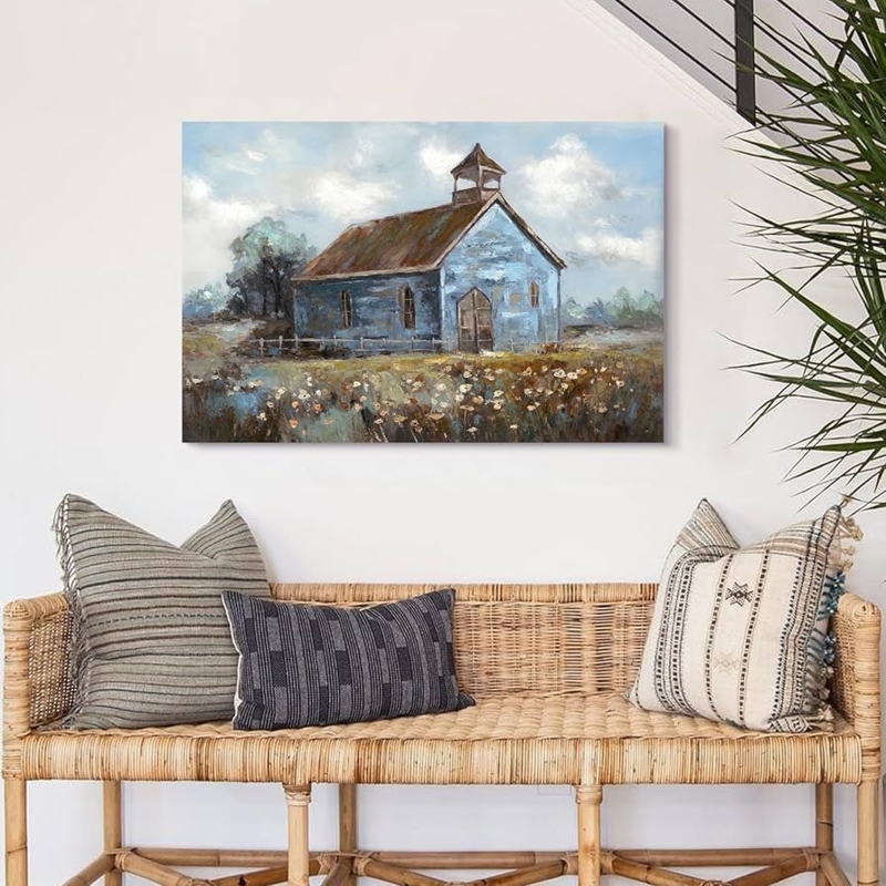 Wall Art Rustic Modern Farmhouse Blue Barn Painting Canvas Landscape