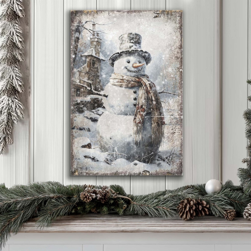 Wall Art Rustic Snowman Vintage Christmas Mantel Decor Distressed Canvas