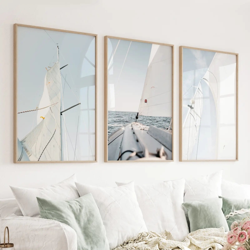 Wall Art Sailing Photography 3 Piece Set Thin Wood Toned Frames