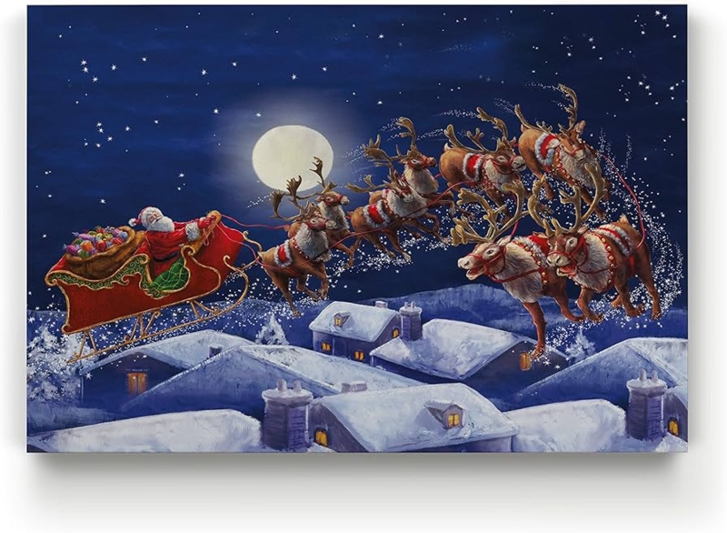 Wall Art, Santa Sleigh Motif, Deep Blue Palette, Traditional Santa Print