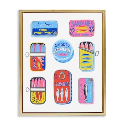 Wall Art Sardine Tin Illustrations Multi Color Grid Gold Frame Kitchen