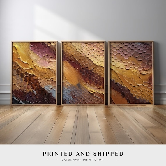 Wall Art Scalloped Impasto Texture Triptych Framed Wabi-Sabi Set