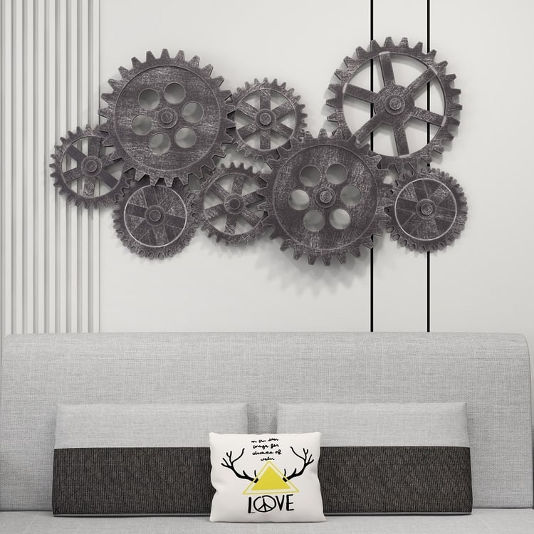 Wall Art Sculpture: Distressed Grey Interlocking Gears, Mechanical Motif
