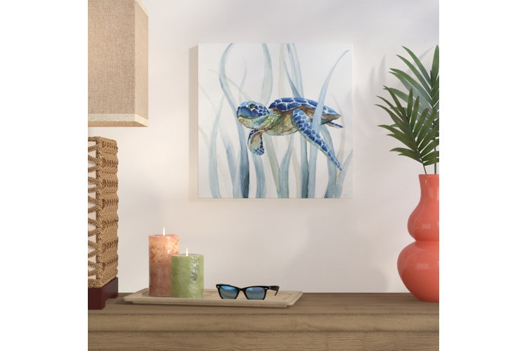 Wall Art Sea Turtle Watercolor Painting, Square Coastal Decor