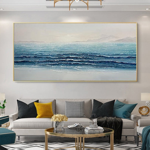 Wall Art Seascape Painting Textured Waves Gold Frame Coastal