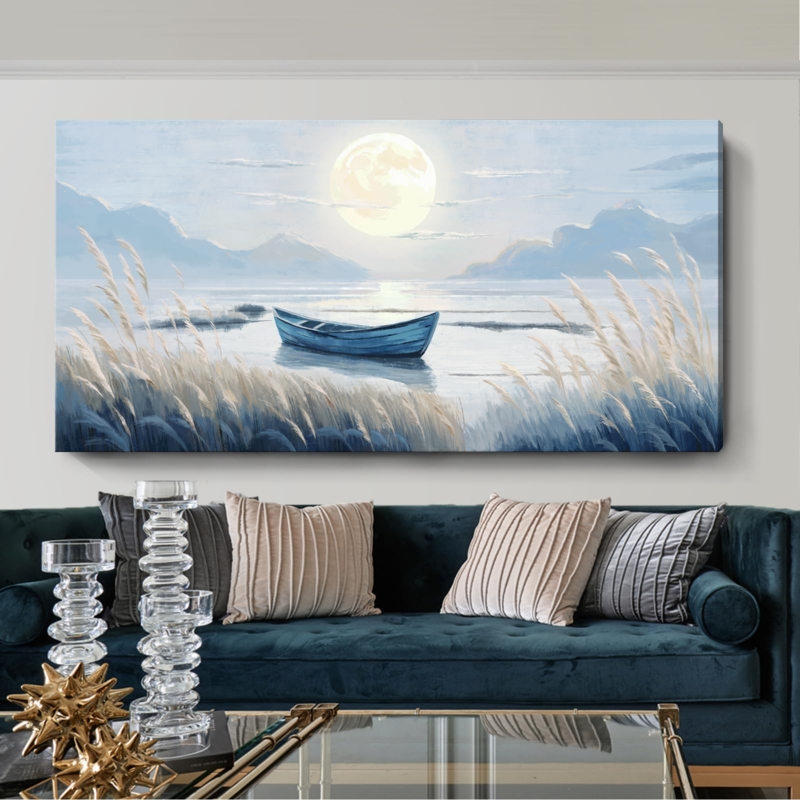 Wall Art Serene Moonlit Seascape Decor Oversized Canvas Horizontal