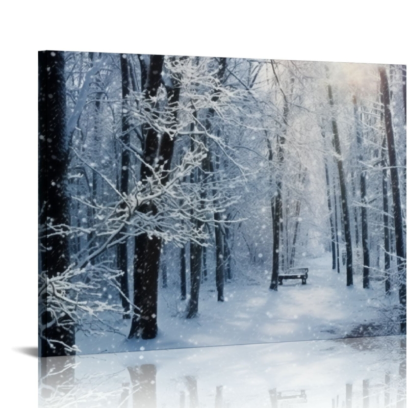 Wall Art: Serene Snow Scene Canvas Print, Snowfall Effect, Solitary Bench Motif