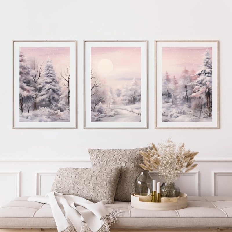 Wall Art: Serene Winter Forest Wall Art, Triptych Format, Tufted Seat Detail