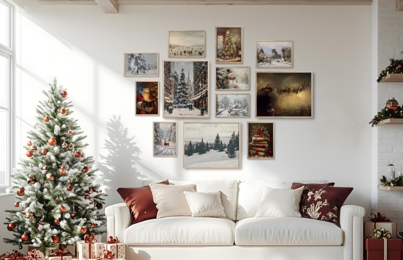 Wall Art Set: 12-Piece Vintage Christmas Symmetrical Gallery Layout