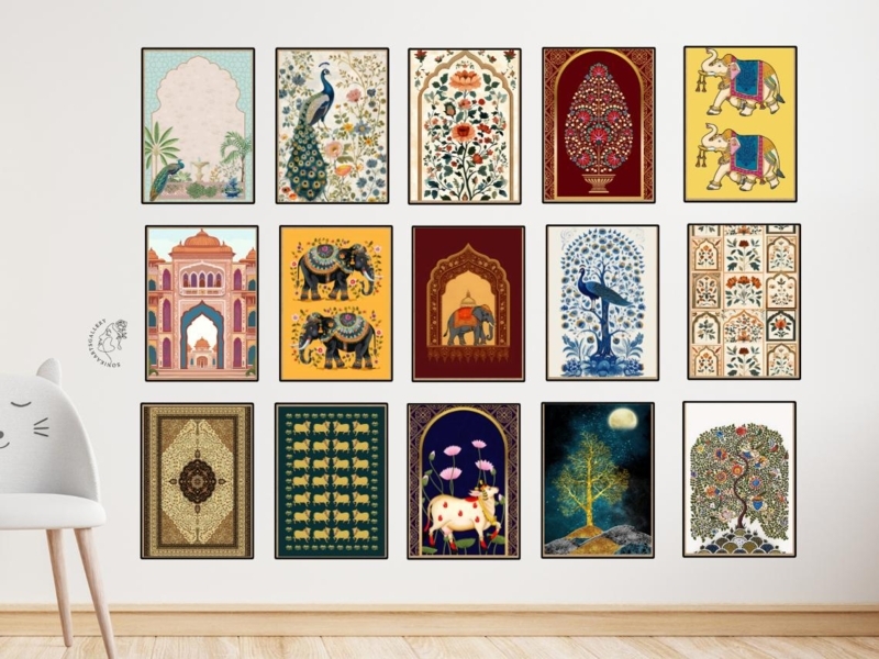 Wall Art Set 15-Piece Grid Layout with Indian Folk Art Motifs
