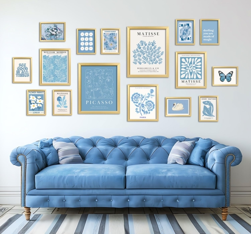 Wall Art Set 16 Piece Monochromatic Theme Gold Frames Gallery Wall