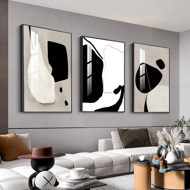 Wall Art Set 3 Panel Monochromatic Abstract Prints Framed Minimalist Decor