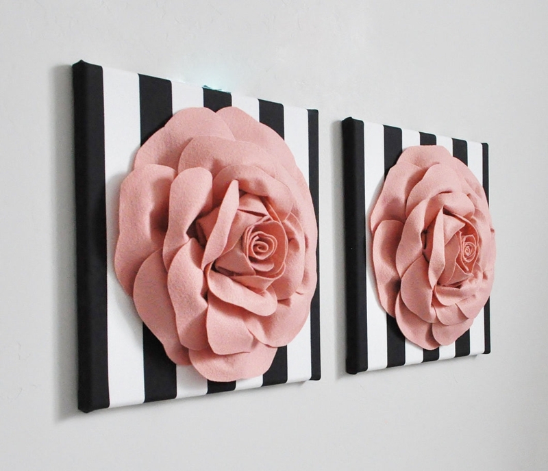 Wall Art Set: 3D Fabric Flower on Black and White Stripes Canvas Decor.