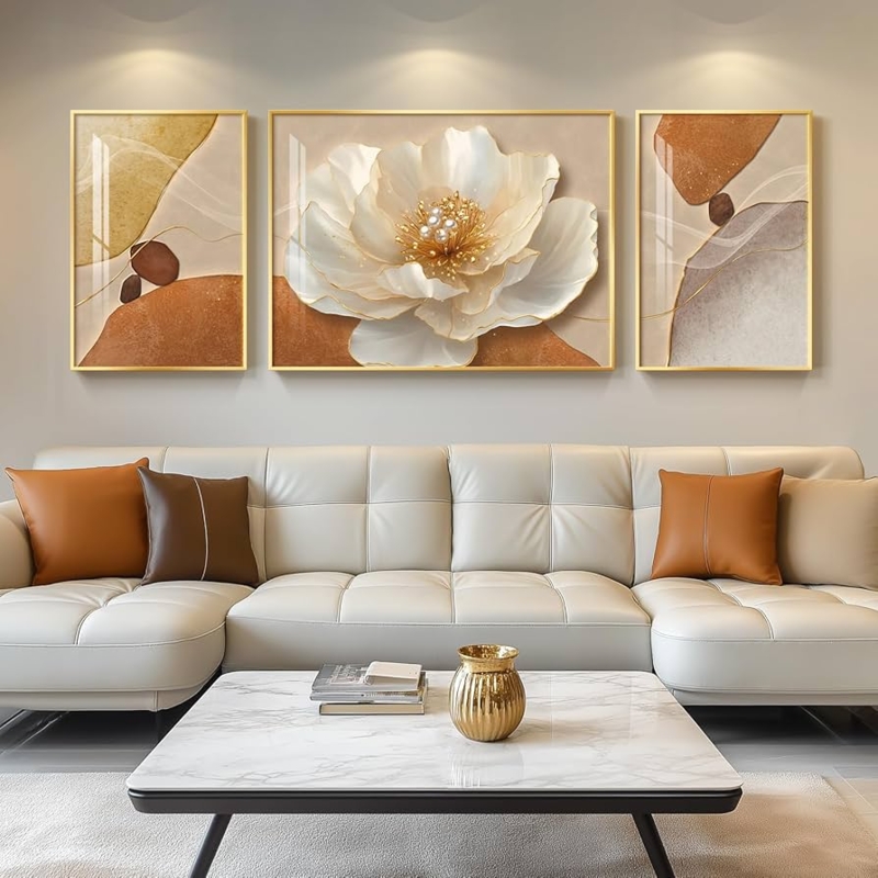 Wall Art Set: 3D Floral Motif, Gold Framed Triptych, Luxury