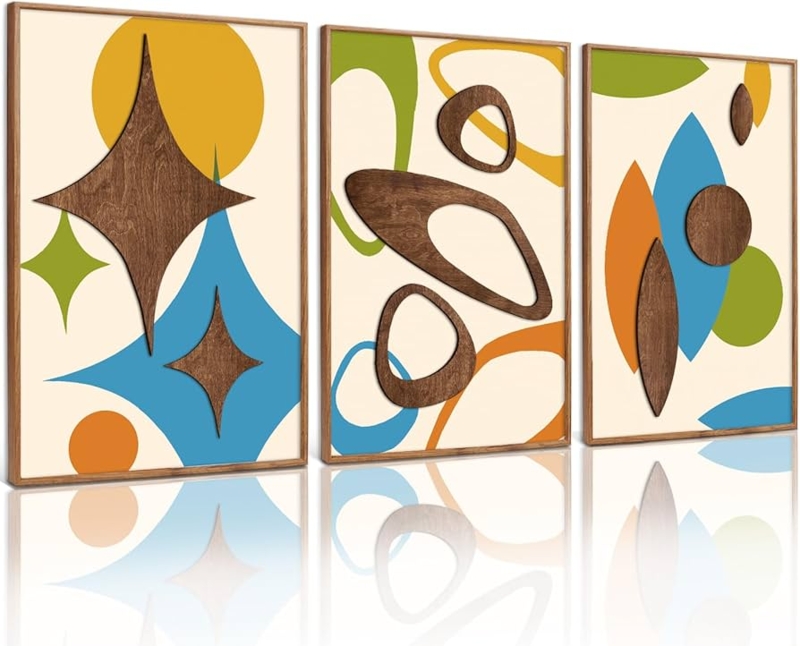 Wall Art Set 3D Relief Triptych, Wood Grain Textures, Atomic Starburst