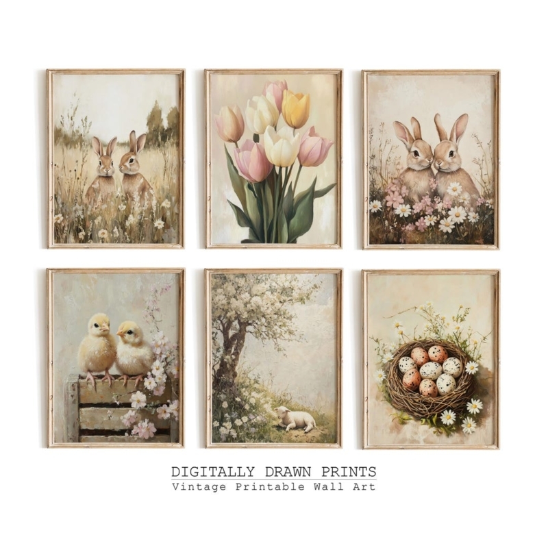 Wall Art Set, 6 Neutral Vintage Farmhouse Animal Prints