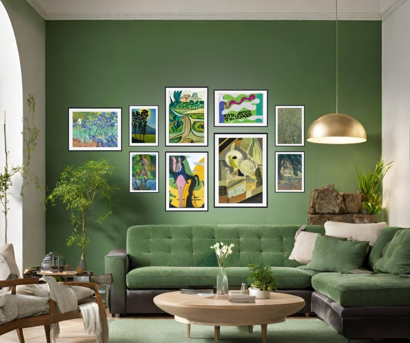 Wall Art Set: 9-Piece Curated Gallery Wall Prints, Monochromatic Green.