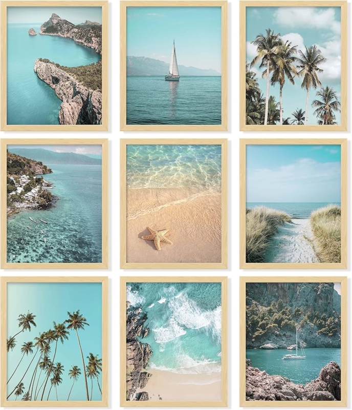 Wall Art Set 9 Piece Tropical Beach Art Prints Wood Frames