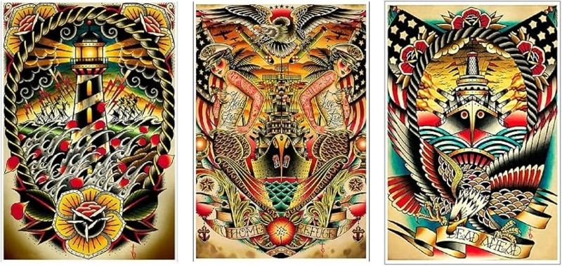 Wall Art Set American Traditional Tattoo Nautical Triptych Prints
