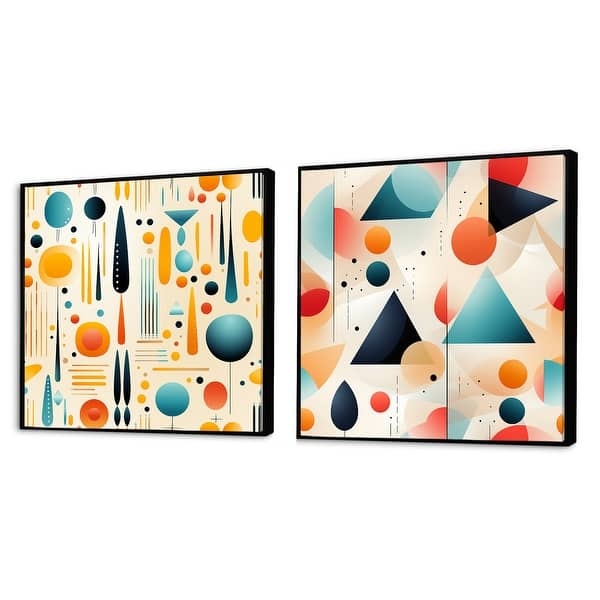 Wall Art Set: Atomic print, mid-century geometric, square frame.