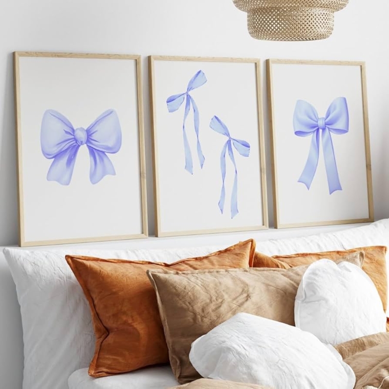 Wall Art Set Blue Bow Motif Triptych Arrangement Thin Frames Ribbon