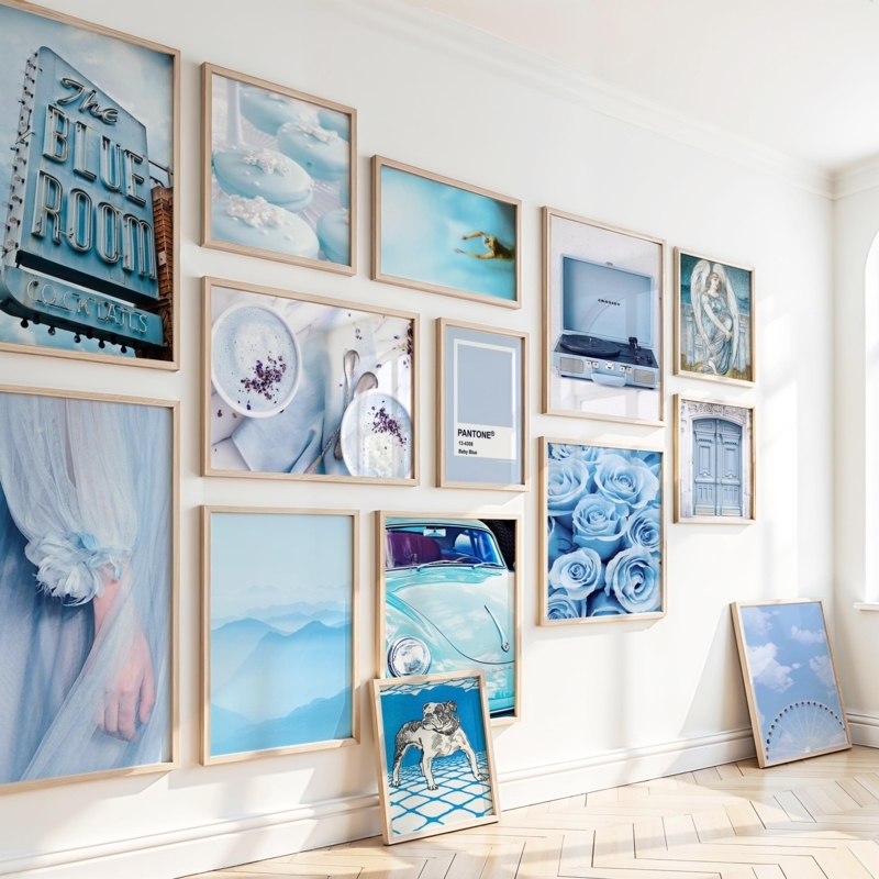 Wall Art Set Blue Collage Kit Natural Wood Frames Coastal