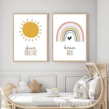 Wall Art Set Boho Nursery Framed Hand Drawn Sun Rainbow Motivational