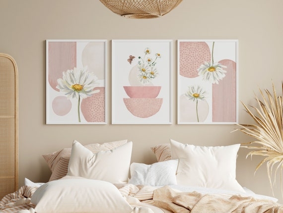 Wall Art Set: Botanical Abstract Mix, Daisy Motif, Thin White Frames.