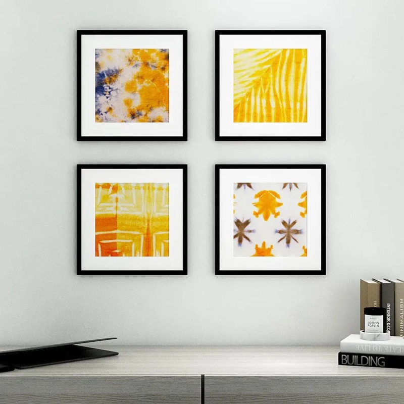 Wall Art Set: Bright Yellow Wall Art Set of 4 in Square Black Frames