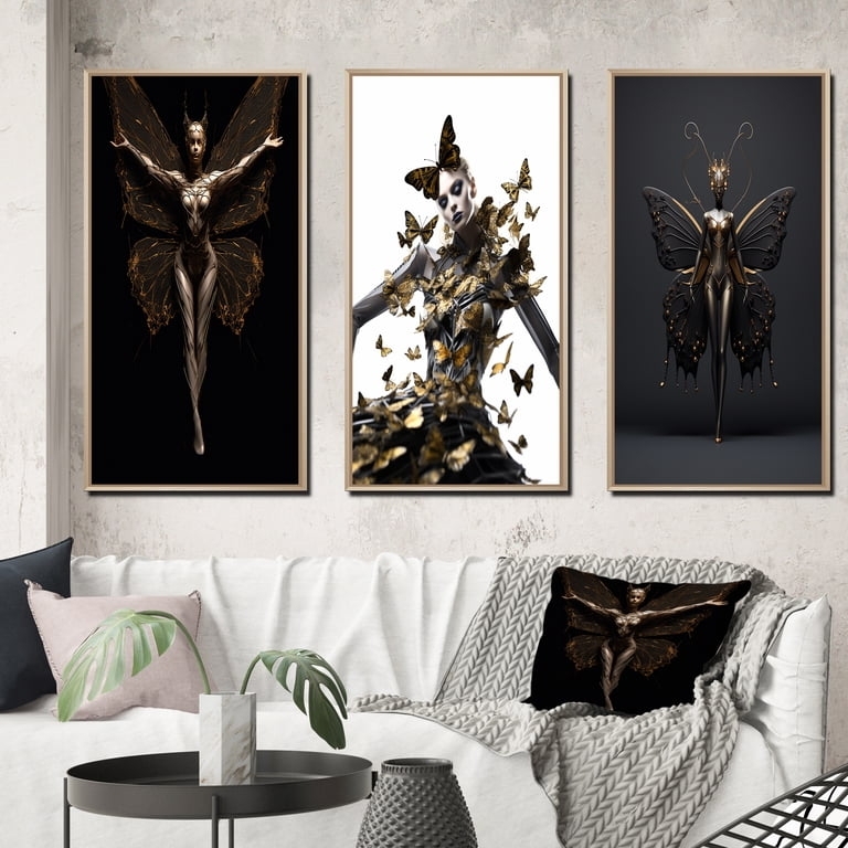 Wall Art Set Butterfly Woman Motif Surrealist Gold Glam Frames