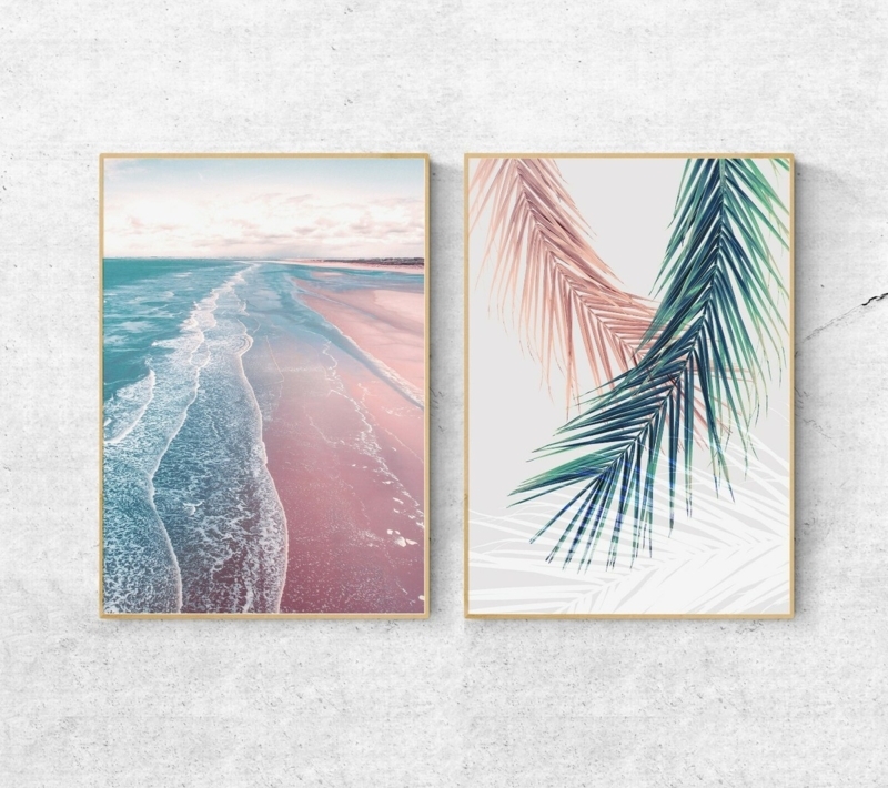 Wall Art Set: Coastal Theme, Beach and Botanical Duo, Teal Accent Prints.