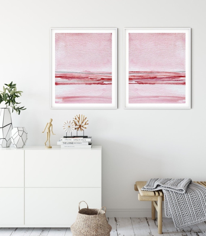 Wall Art Set: Coordinated Art Duo, Serene Pink Watercolor Landscapes.