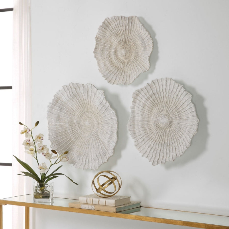Wall Art Set Coral Texture Undulating Silhouette Matte Ivory Finish Coastal