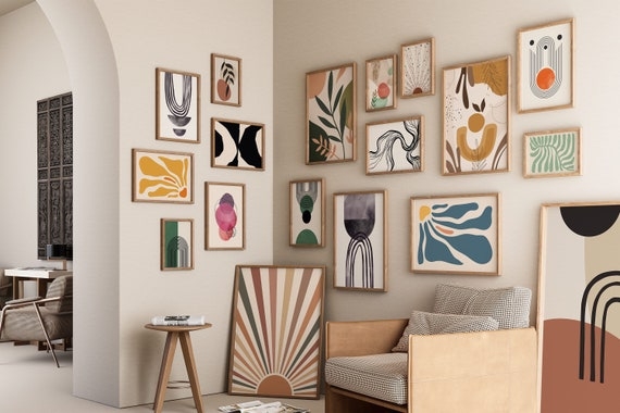 Wall Art Set Curated Gallery Layout with Wood-Toned Frames.