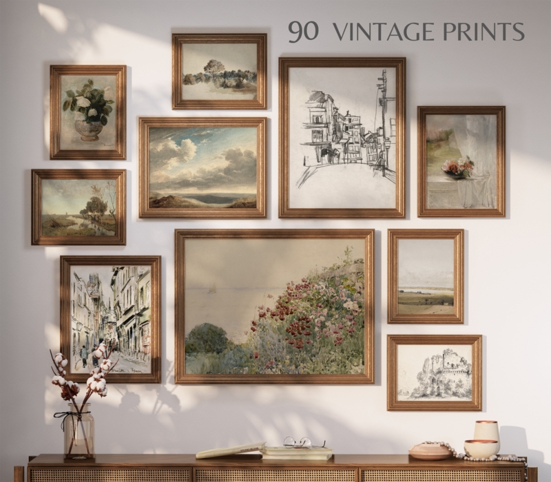 Wall Art Set Curated Mix Vintage Nature Prints Asymmetrical Layout