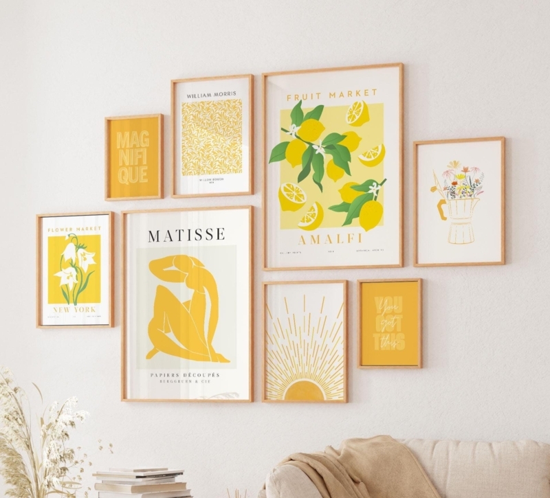 Wall Art Set: Eclectic Yellow Gallery Wall Art Set of 9 Framed Prints
