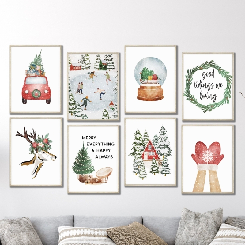 Wall Art Set Eight Piece Winter Watercolor Prints Grid Gallery Layout
