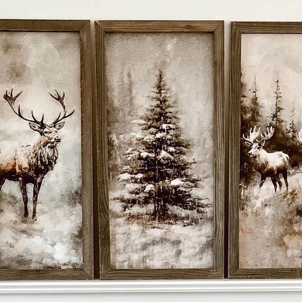 Wall Art Set: Farmhouse Deer Triptych Decor, Rustic Wood Frames, Nature Subject