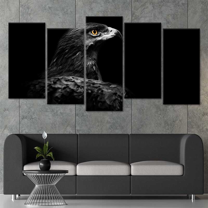 Wall Art Set: Five-Panel Tiered Black and White Eagle Wildlife Portrait