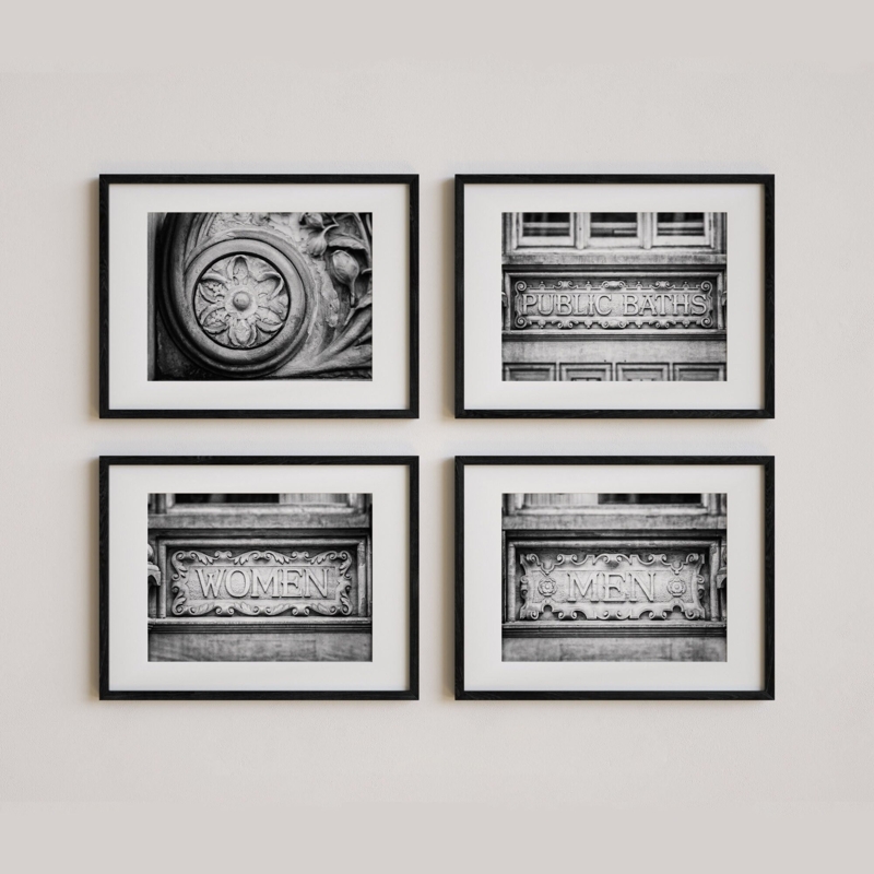 Wall Art Set: Four Public Baths Sign Prints, Vintage Industrial Bathroom