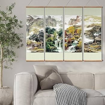 Wall Art Set Four Seasons Landscape Scrolls Traditional Asian Style