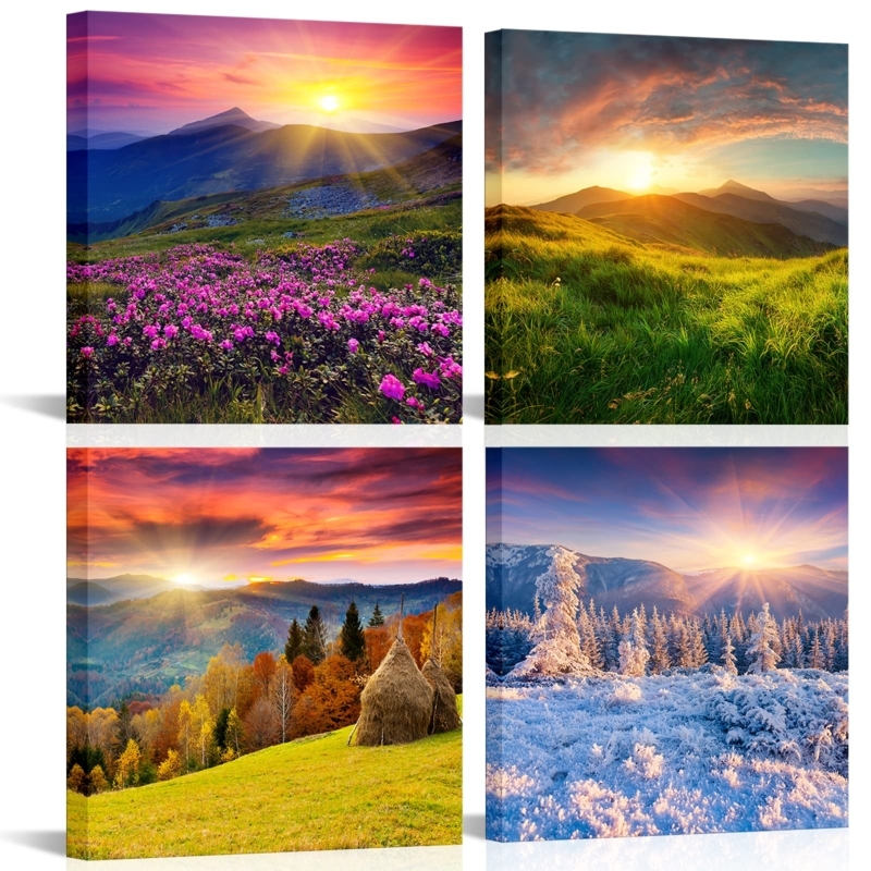 Wall Art Set Four Seasons Mountain Landscape Canvas Vibrant Sunrise Prints