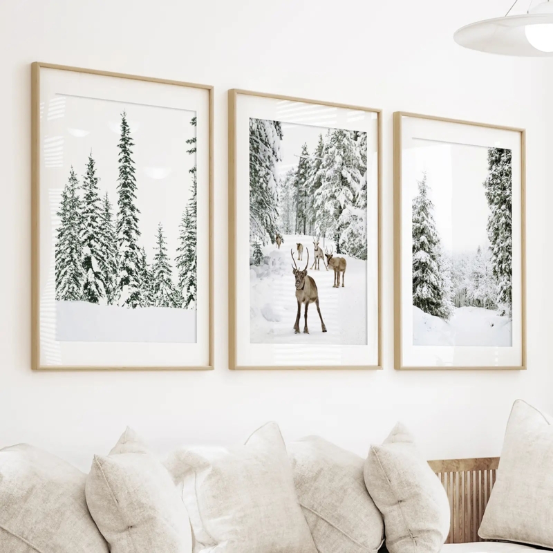 Wall Art Set: Framed Snowy Forest Prints, Thin Wood Frames, Matted Triptych