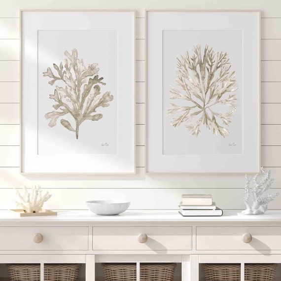 Wall Art Set Framed Watercolor Coral Matted Coastal Taupe Cream