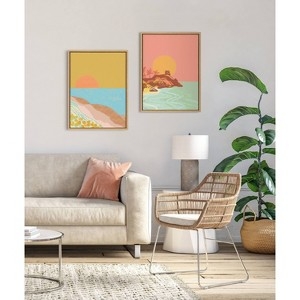 Wall Art Set: Golden Hour Art, Scenic Coastal Illustration, Wood Frames