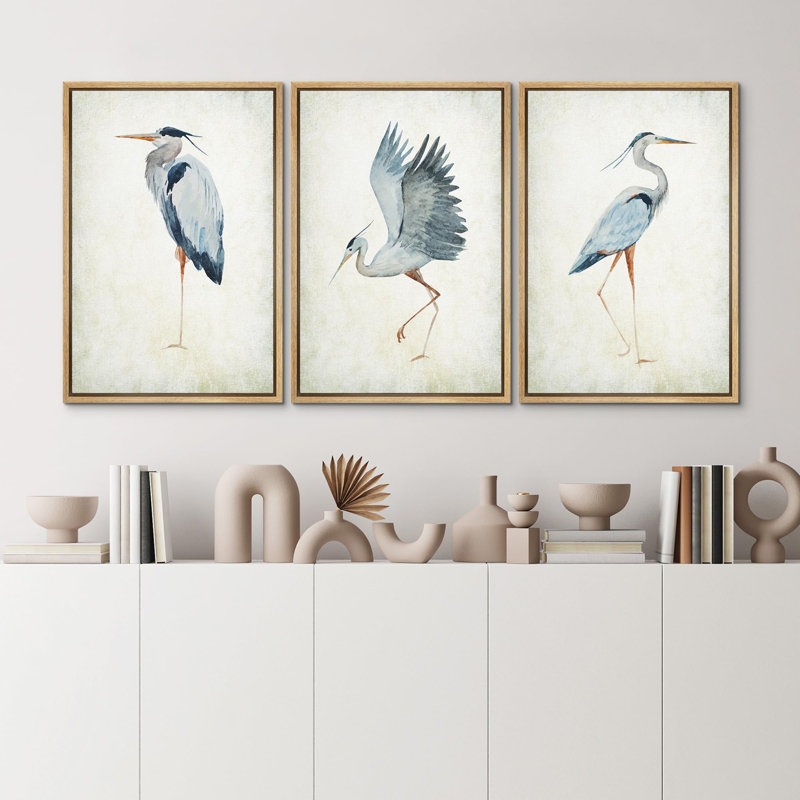 Wall Art Set Heron Watercolor Triptych Slim Wood Frames Coastal Decor