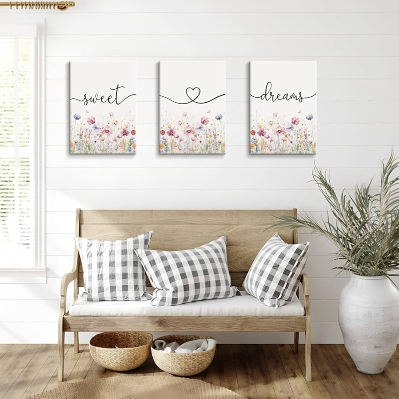 Wall Art Set Modern Farmhouse Triptych Botanical Cursive Sweet Dreams
