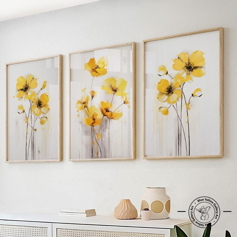 Wall Art Set: Mustard Yellow Floral Gallery Wall Prints with Wood Frames