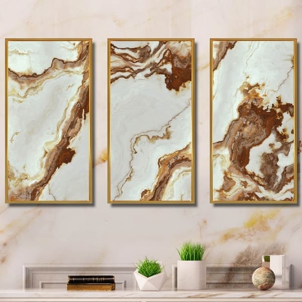 Wall Art Set Natural Onyx Pattern Gold Framed Triptych Earthy Stone