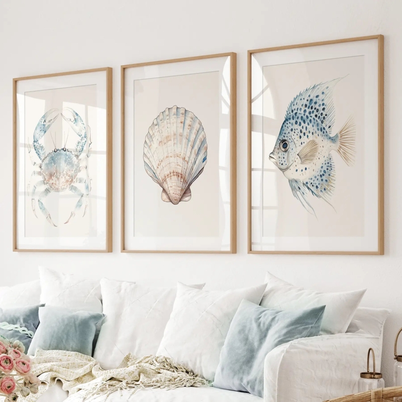 Wall Art Set Nautical Watercolor Prints Slim Wood Frames Matted Art
